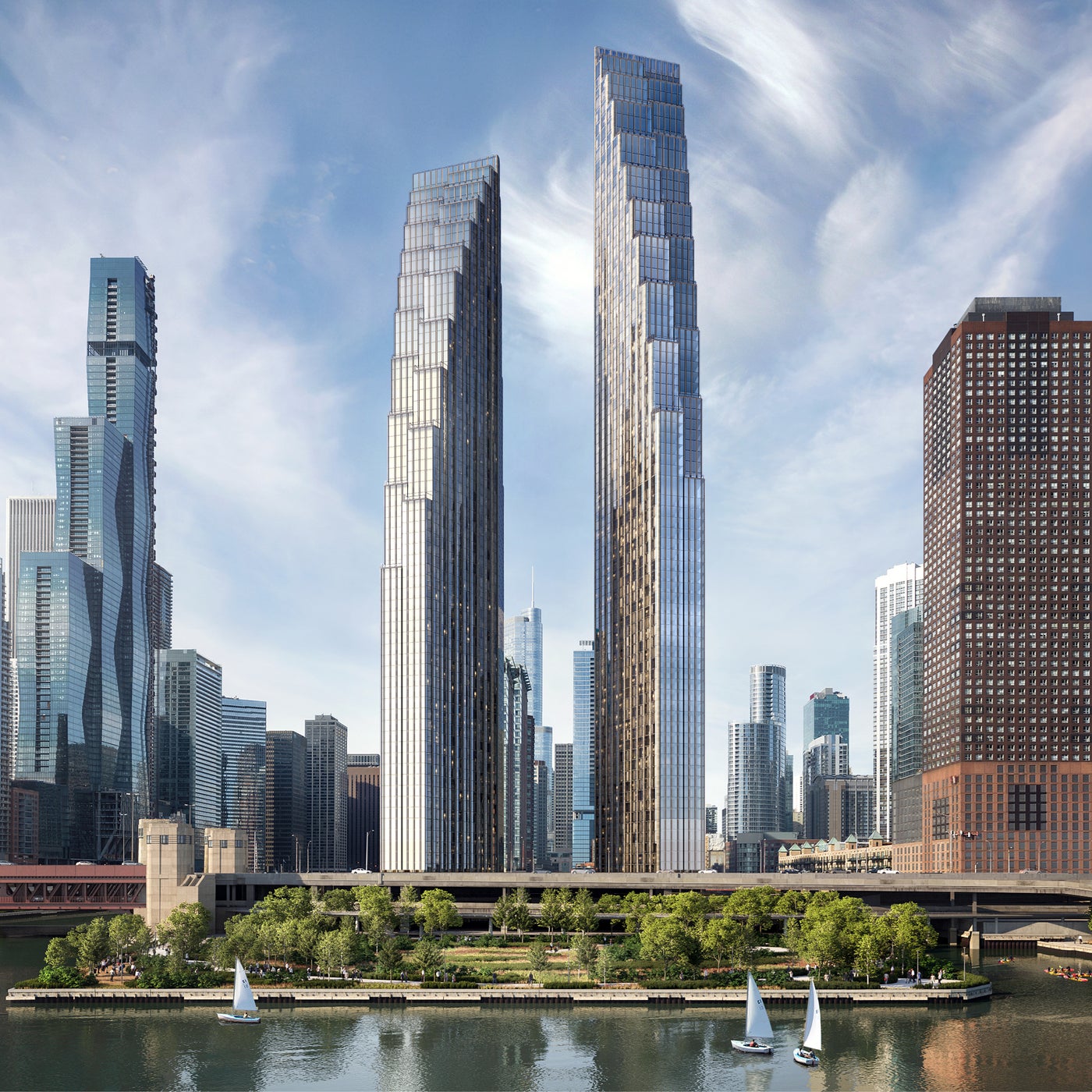 Rendering of the two 400 Lake Shore Drive towers at the Chicago river mouth