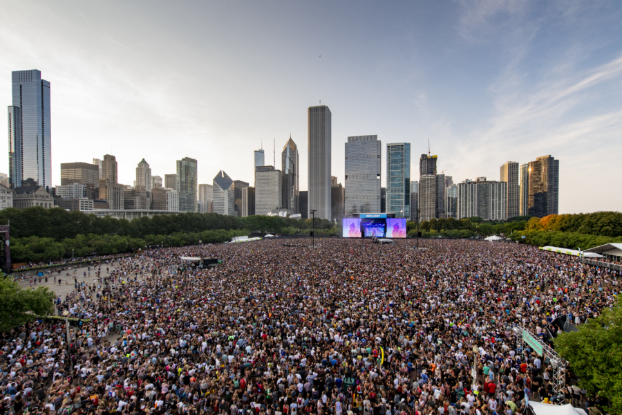 A summer music festival crowd in Grant Park
