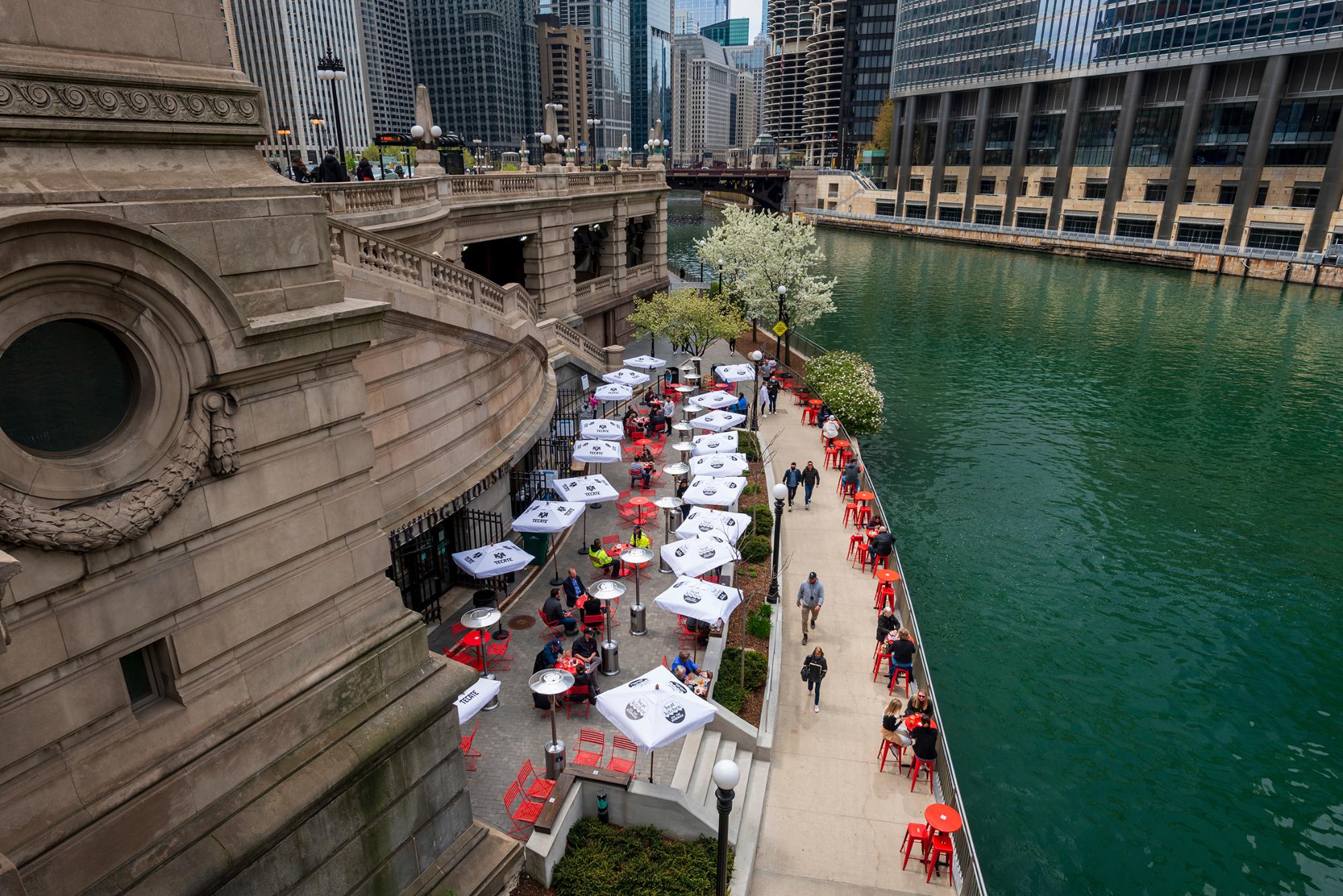 The Chicago Riverwalk with downtown towers along the river