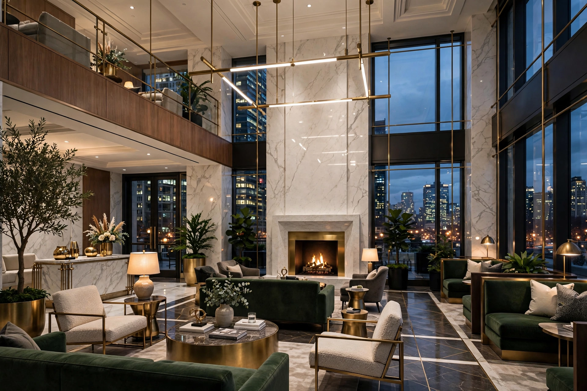 Elegant resident lounge in a downtown Chicago luxury apartment building