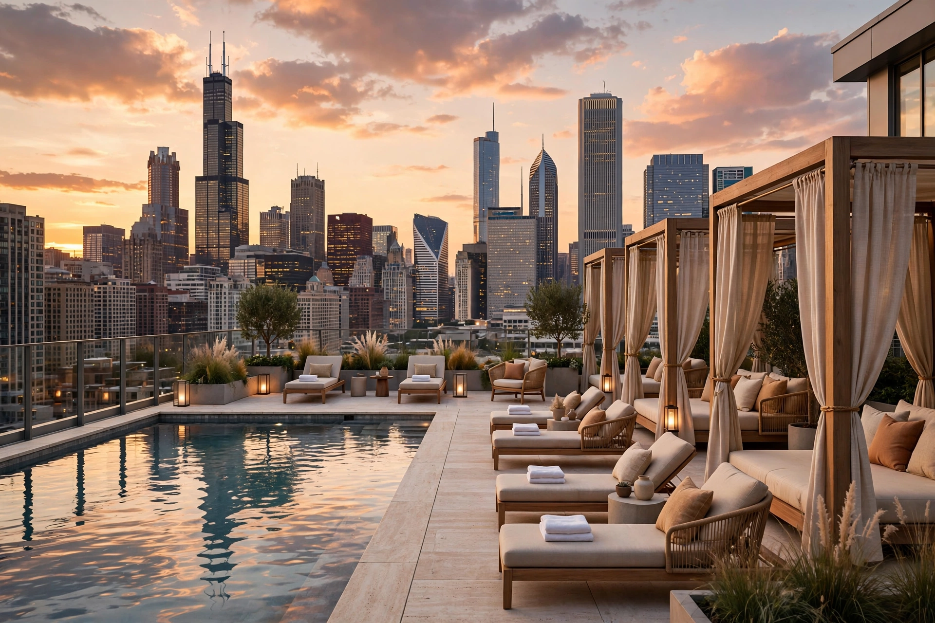 Rooftop pool deck at a downtown Chicago luxury residence