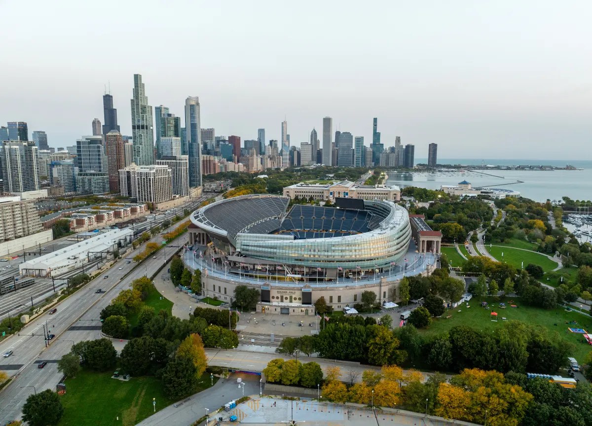 Soldier Field and the downtown Chicago skyline from the lakefront